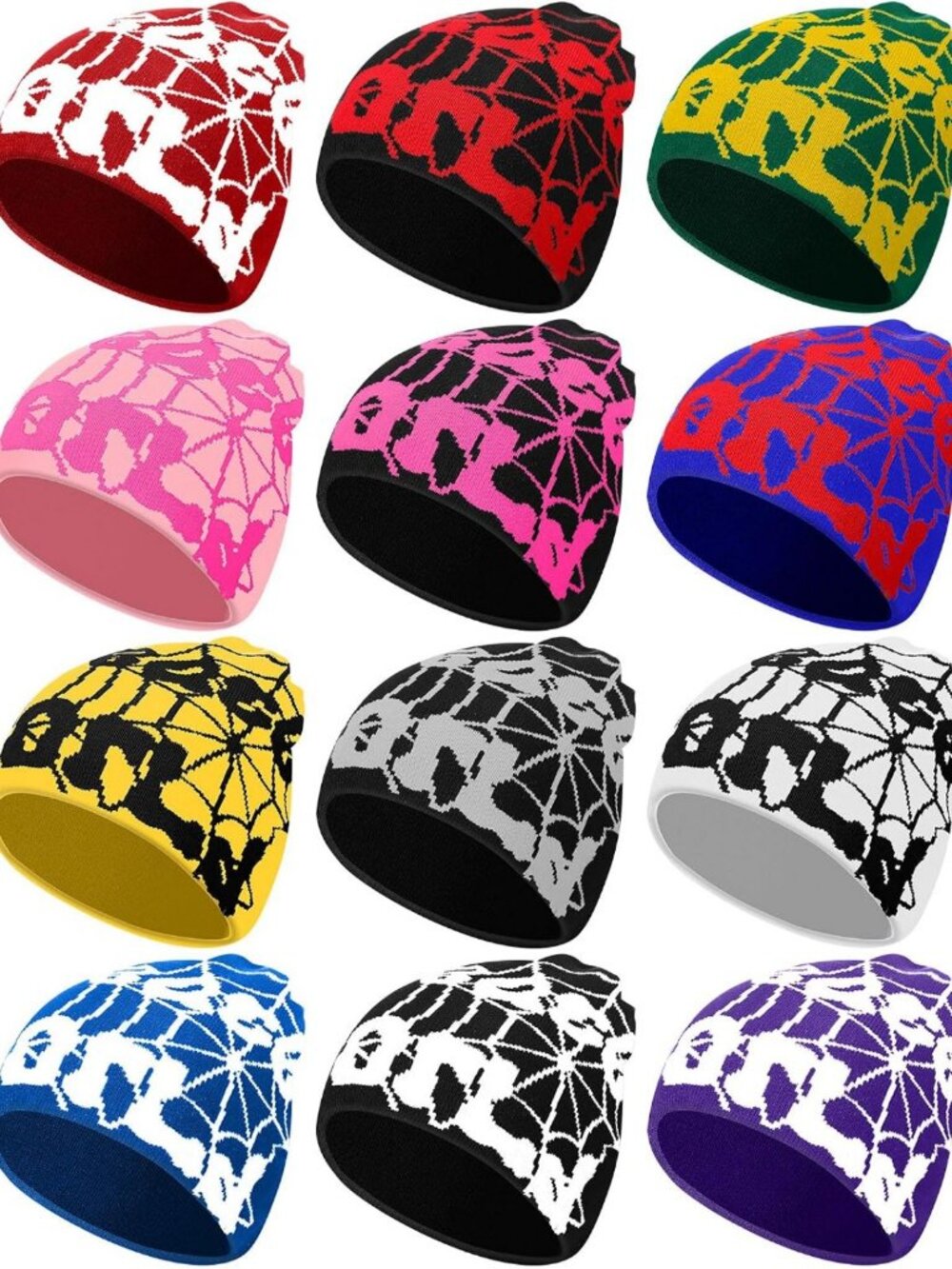 12 Pcs Gothic Knit Beanies | Trendy Web Graphic Hats for Cool Weather Style